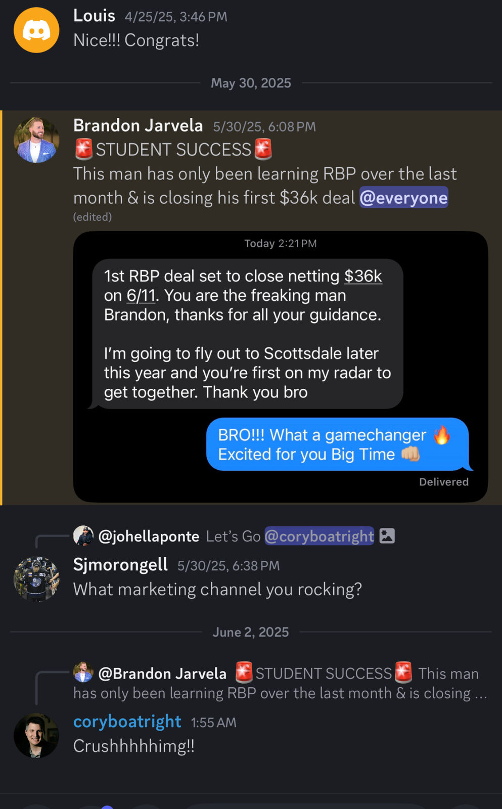 Student message — first RBP deal closing, netting $36k